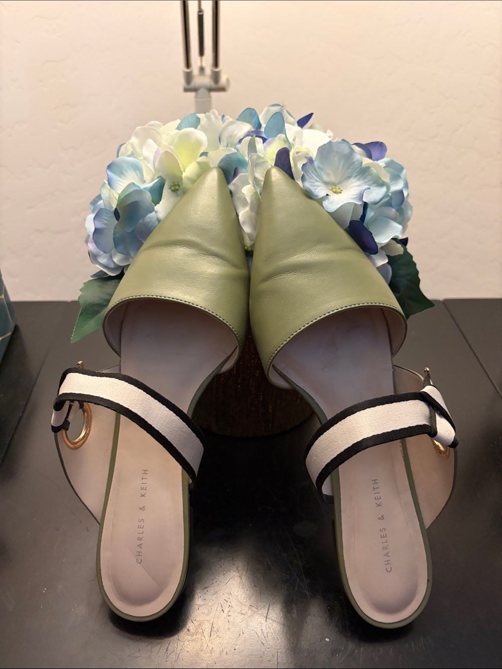 Charles & Keith Olive Green Pointed Slingback Mules with Black-and-White Strap